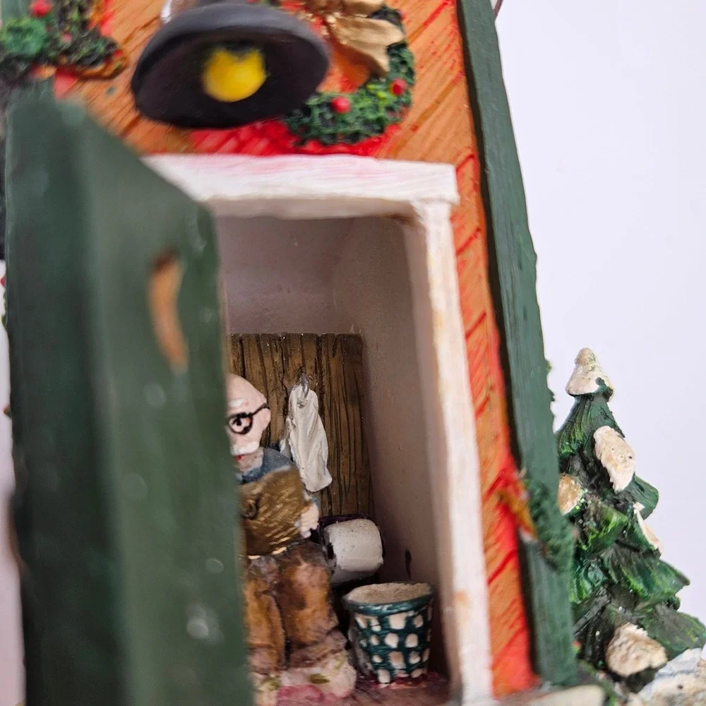 Vintage Christmas Outhouse Scene Miniature‎ Figurine Old Man Reading Newspaper